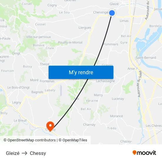 Gleizé to Chessy map