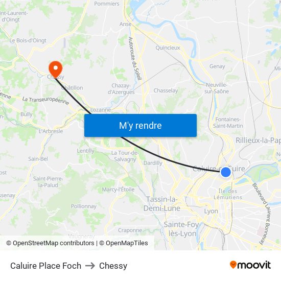 Caluire Place Foch to Chessy map