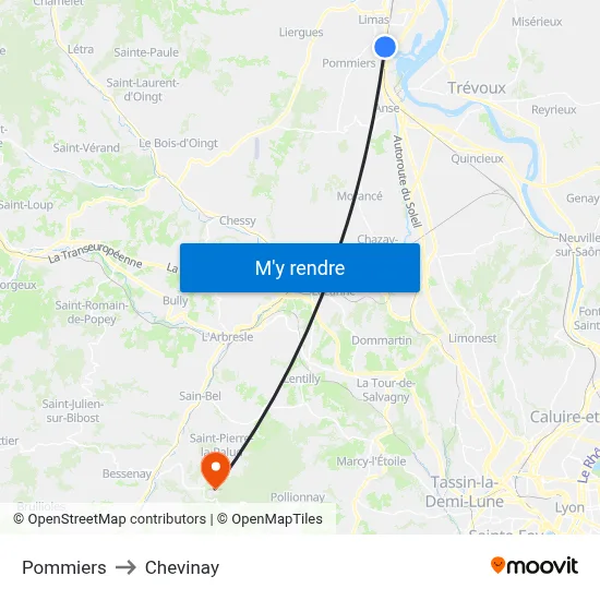 Pommiers to Chevinay map