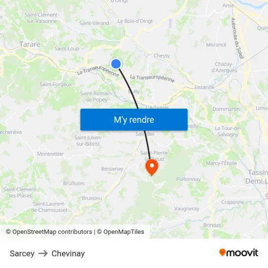 Sarcey to Chevinay map