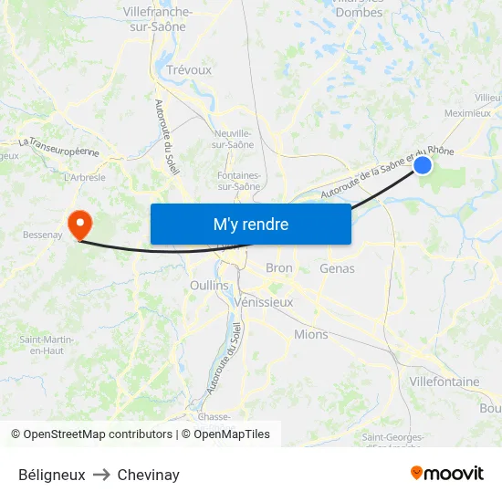 Béligneux to Chevinay map