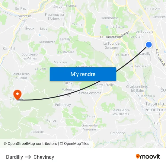 Dardilly to Chevinay map