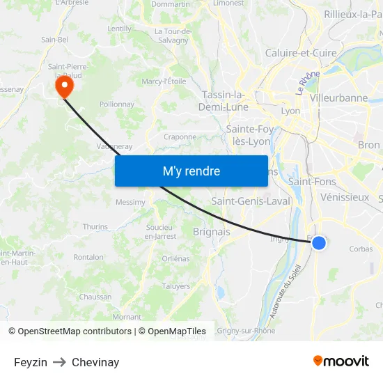 Feyzin to Chevinay map