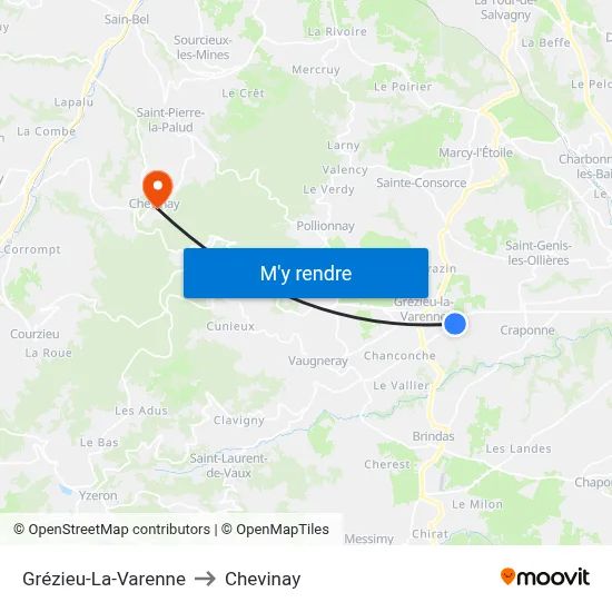 Grézieu-La-Varenne to Chevinay map