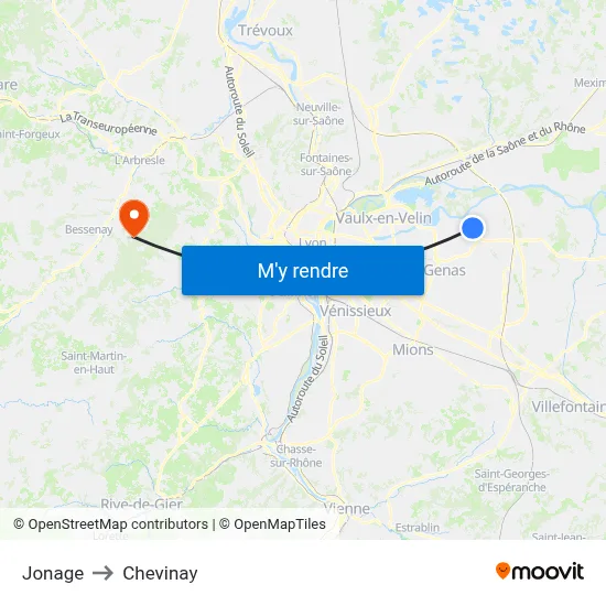 Jonage to Chevinay map