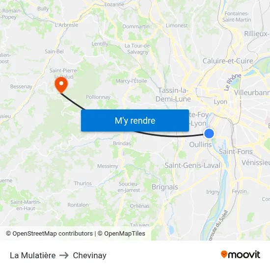 La Mulatière to Chevinay map