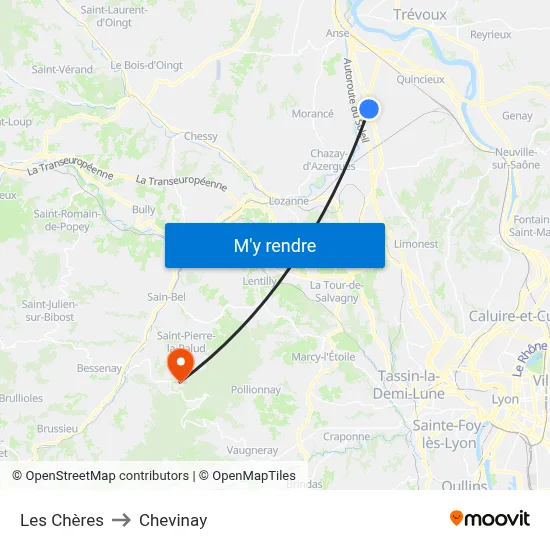 Les Chères to Chevinay map