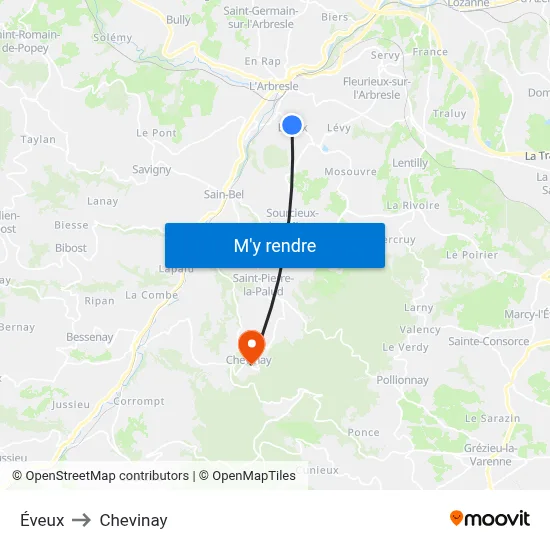 Éveux to Chevinay map