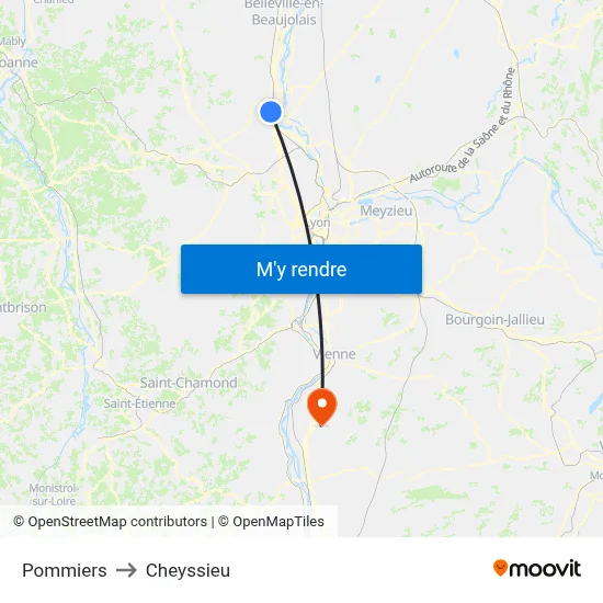 Pommiers to Cheyssieu map