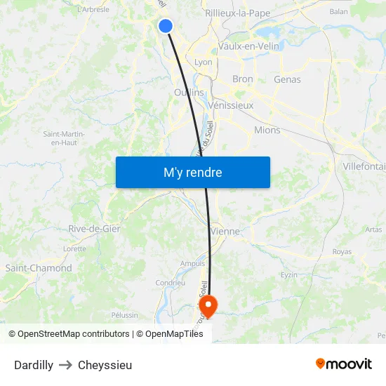 Dardilly to Cheyssieu map