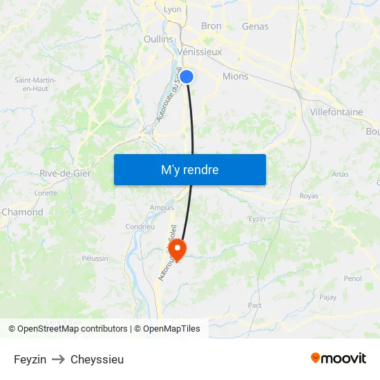 Feyzin to Cheyssieu map