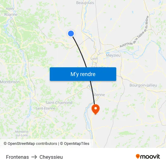 Frontenas to Cheyssieu map