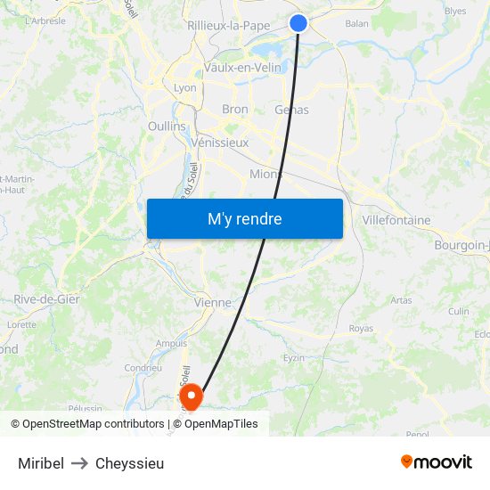 Miribel to Cheyssieu map