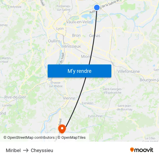Miribel to Cheyssieu map