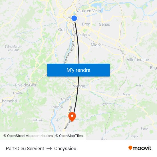 Part-Dieu Servient to Cheyssieu map