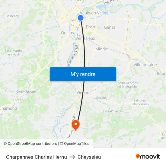 Charpennes Charles Hernu to Cheyssieu map