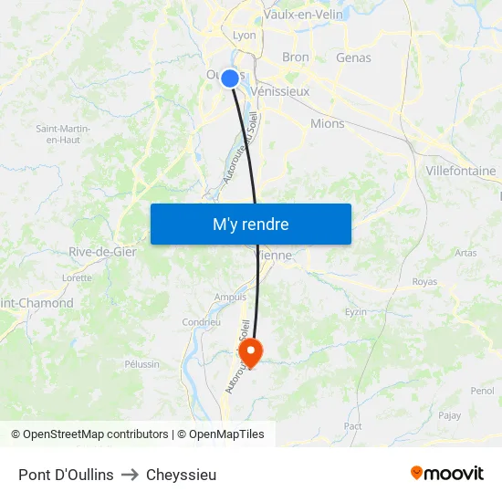 Pont D'Oullins to Cheyssieu map