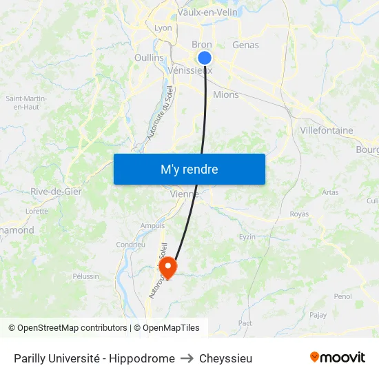 Parilly Université - Hippodrome to Cheyssieu map