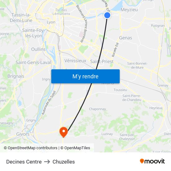 Decines Centre to Chuzelles map