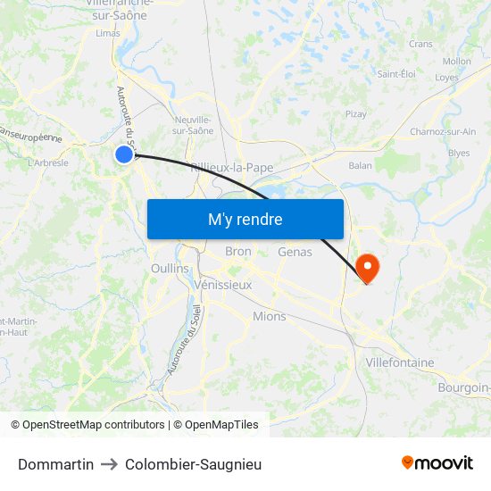 Dommartin to Colombier-Saugnieu map