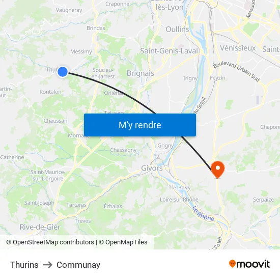 Thurins to Communay map