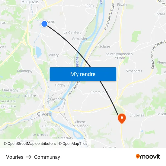 Vourles to Communay map