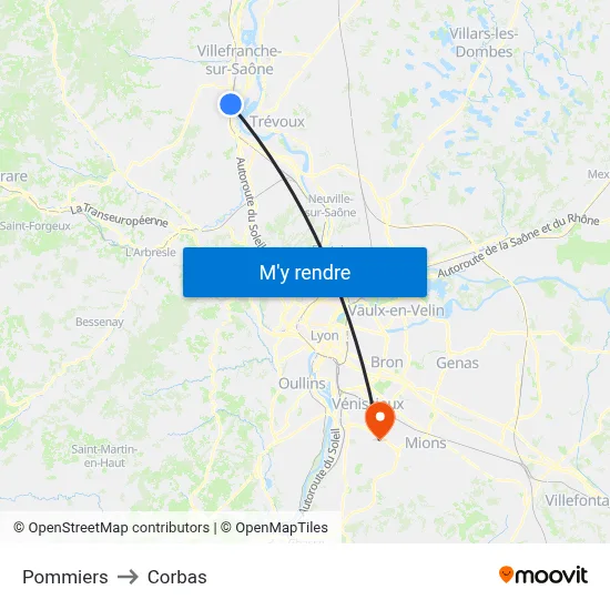 Pommiers to Corbas map
