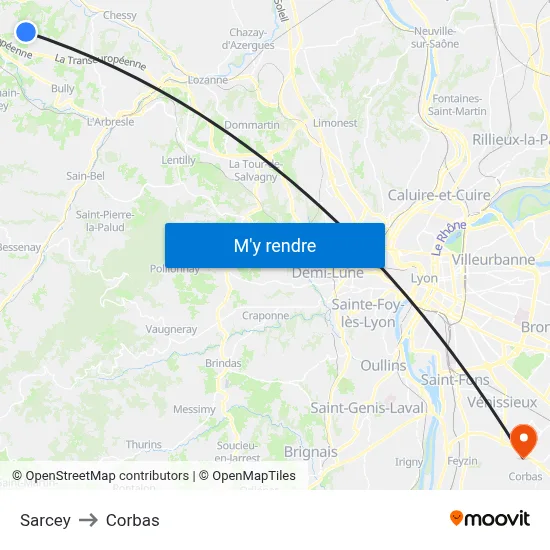 Sarcey to Corbas map