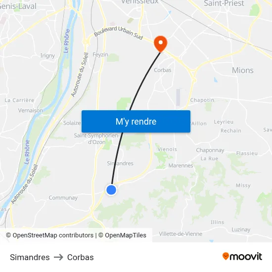Simandres to Corbas map