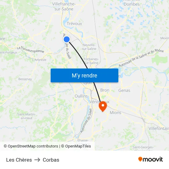 Les Chères to Corbas map