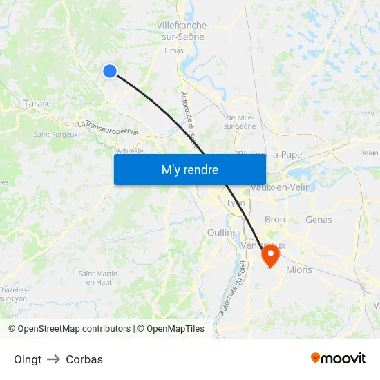 Oingt to Corbas map