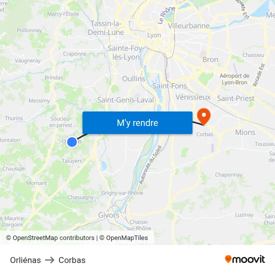 Orliénas to Corbas map