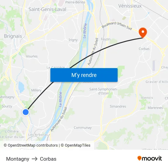 Montagny to Corbas map