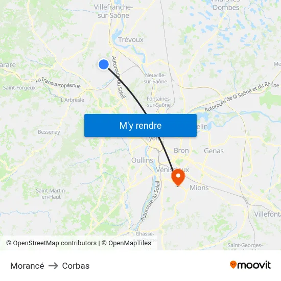 Morancé to Corbas map