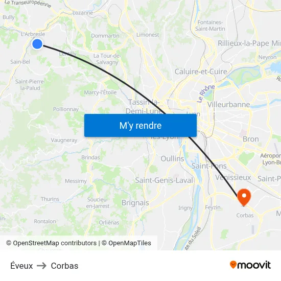 Éveux to Corbas map