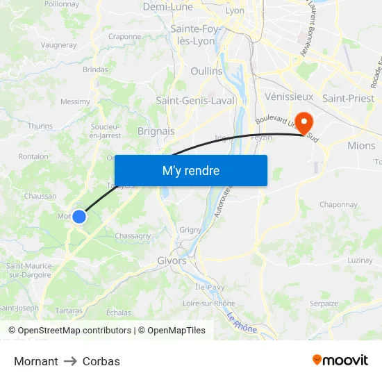 Mornant to Corbas map