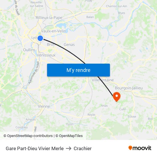Gare Part-Dieu Vivier Merle to Crachier map