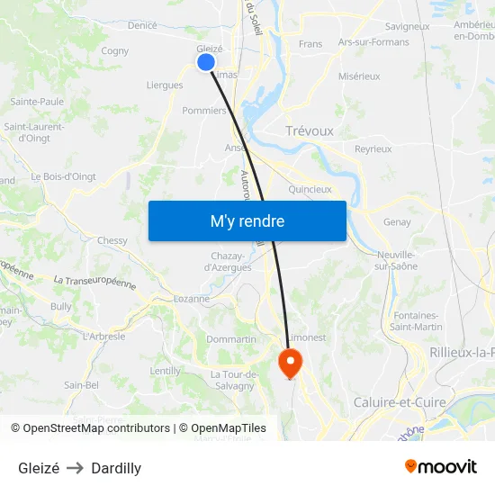 Gleizé to Dardilly map