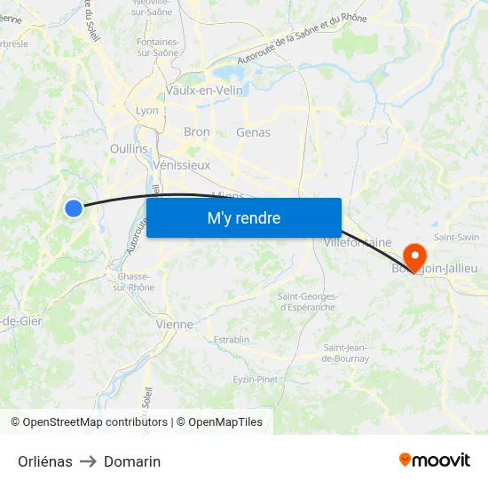 Orliénas to Domarin map