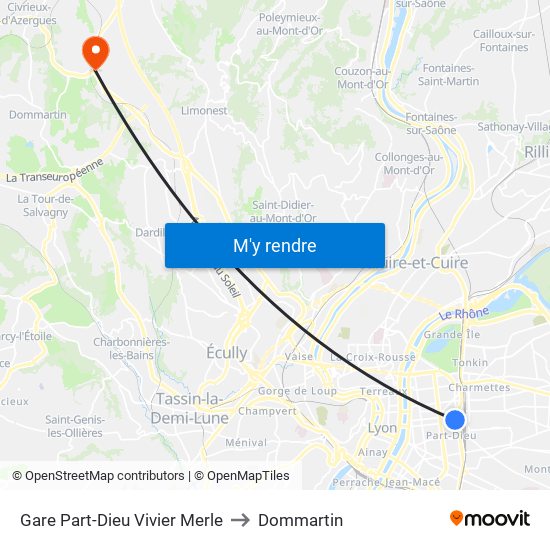 Gare Part-Dieu Vivier Merle to Dommartin map