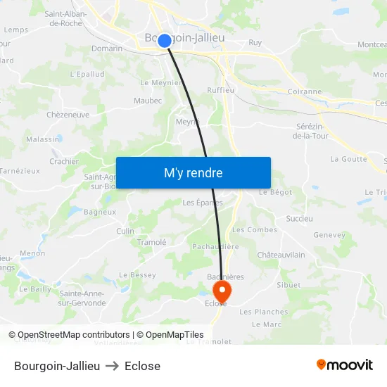 Bourgoin-Jallieu to Eclose map