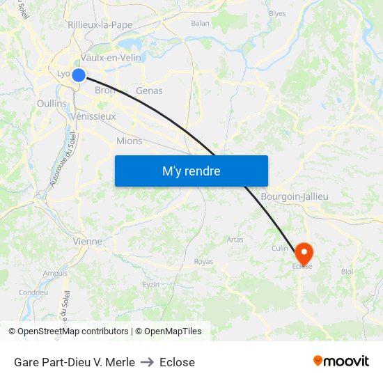 Gare Part-Dieu V. Merle to Eclose map