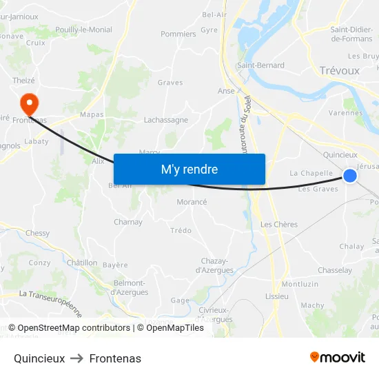 Quincieux to Frontenas map