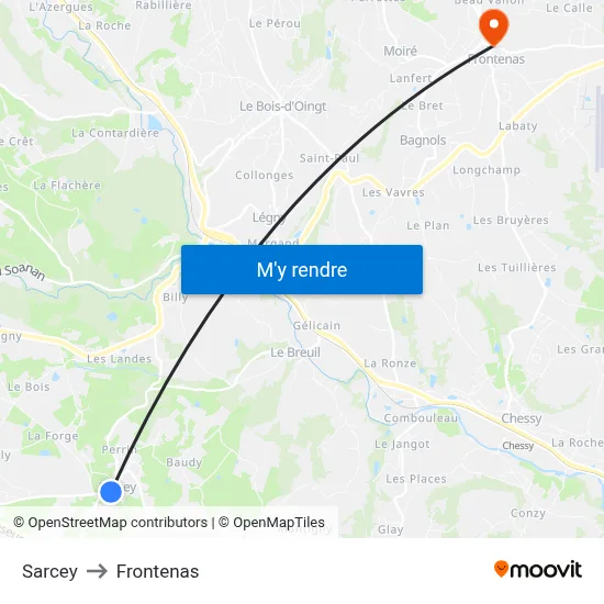 Sarcey to Frontenas map