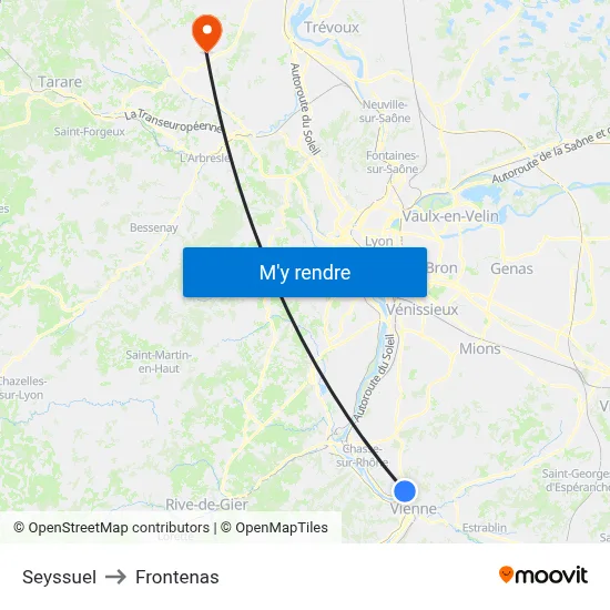 Seyssuel to Frontenas map