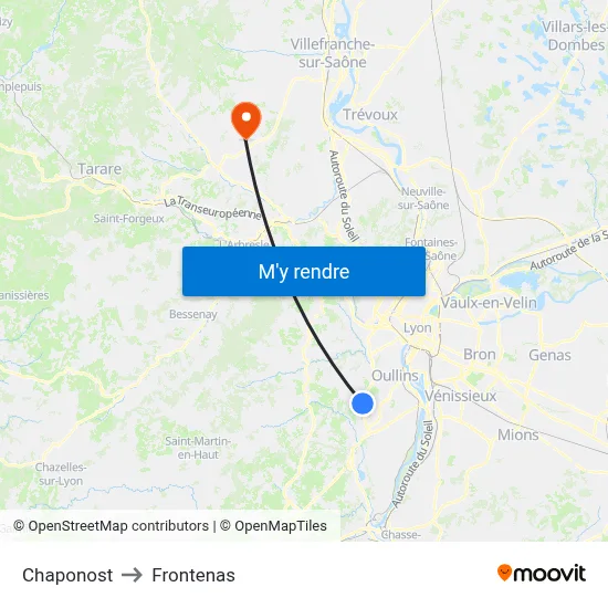 Chaponost to Frontenas map