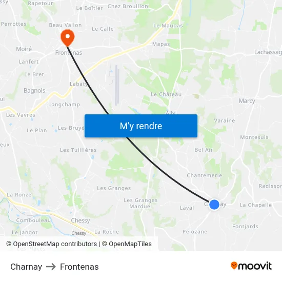 Charnay to Frontenas map