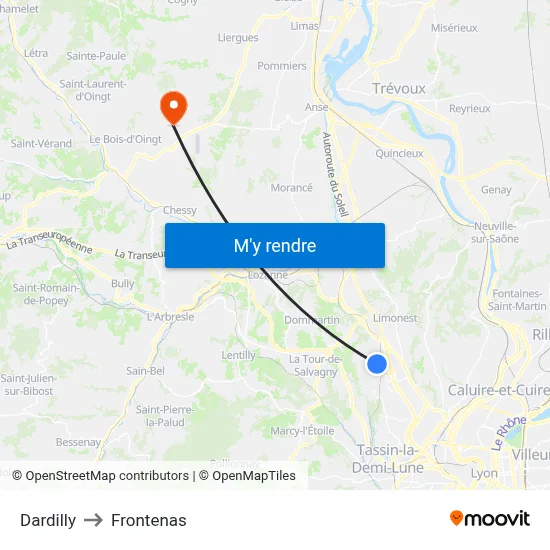 Dardilly to Frontenas map