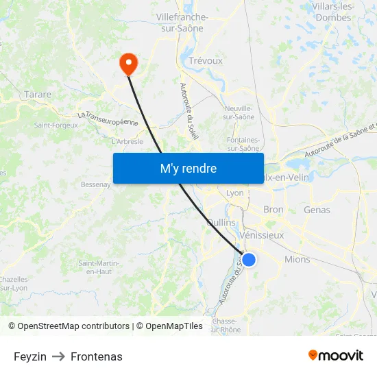 Feyzin to Frontenas map
