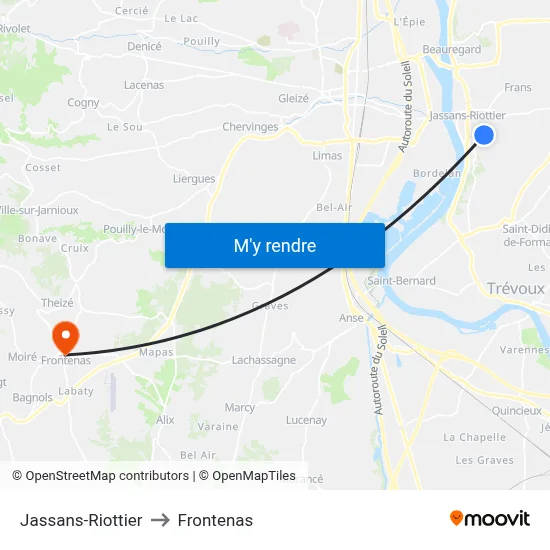 Jassans-Riottier to Frontenas map